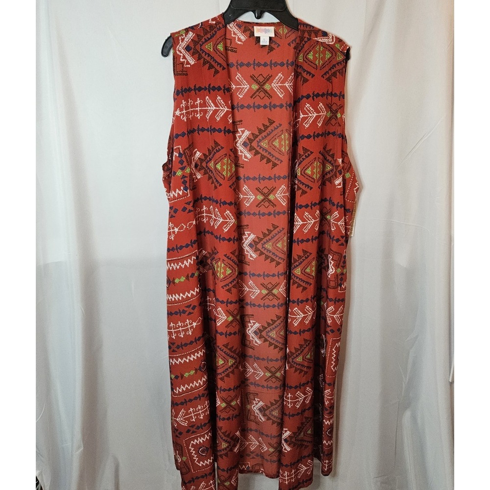 Lularoe Joy Long Sleeveless Vest Arrows Red  Sz:Lg  NWT Aztec Side Slits Boho